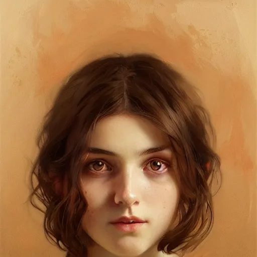 Image similar to portrait of a welsh teenage girl with brown hair, glowing skin, delicate features, amelie poulain, fantasy, intricate, elegant, dress shirt, highly detailed, digital painting, artstation, concept art, smooth, sharp focus, illustration, art by Krenz Cushart and Artem Demura and alphonse mucha