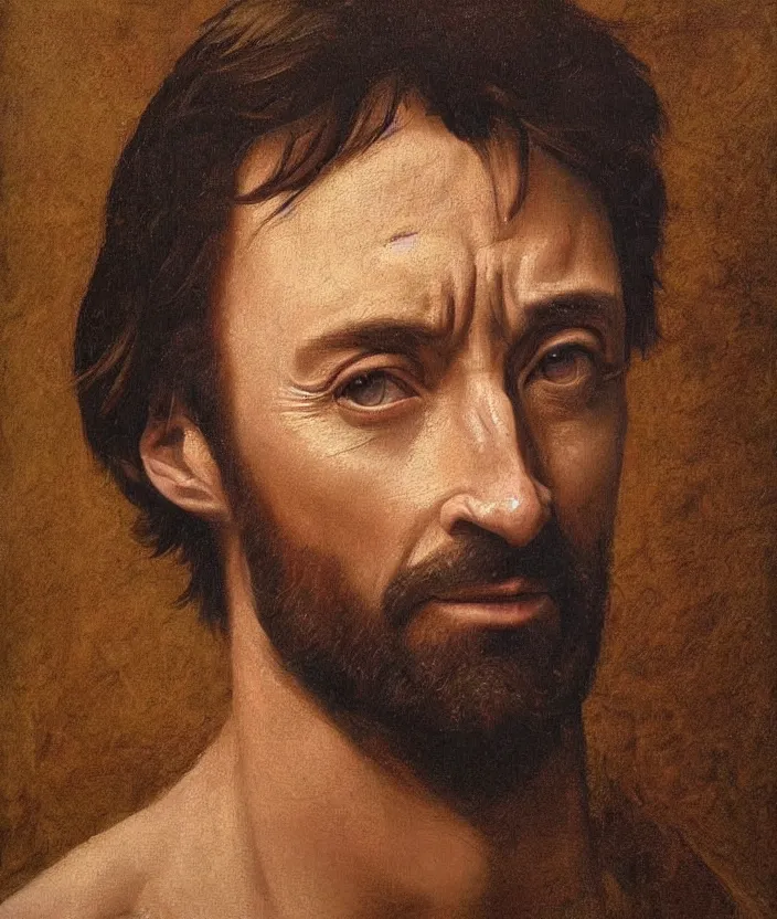 Prompt: oil painting half-lenght portrait of Hugh Jackman by Leonardo da Vinci