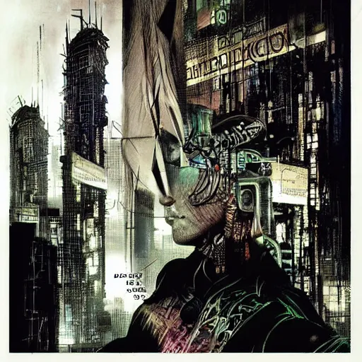 Image similar to cyberpunk noir dark city dreaming by dave mckean and m w kaluta