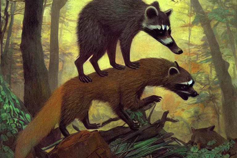 Image similar to a raccoon, foxback riding through a forest, glowing with silver light, painting by jean - leon gerome, illustration by winsor mccay, color by franz marc, today's featured photograph, 1 6 k, character design, furry art, furaffinity, realistic, detailed
