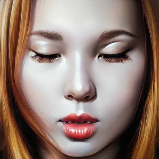 Prompt: a mouth a bit open, two eyes half closed and half a smile on her soul makes a beautiful portrait on the wall. by artgerm and Rich Pritch