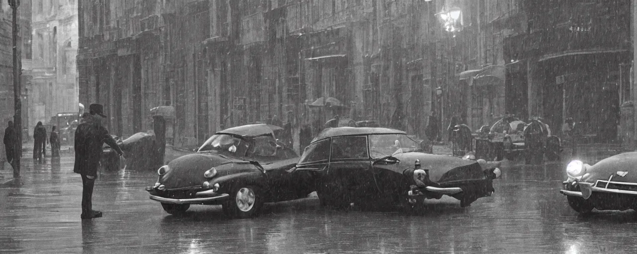 Prompt: A Detective at a black 1955 Citroen DS 19 with the headlights on, parked on the side of the road in the city of Rome while it is raining, by George Tooker, moody, sinister, lighting, hyperrealistic