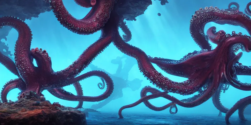 Image similar to underwater enviroment with a giant octopus boss creature with tentacles , unreal 5, hyperrealistic, realistic, photorealistic, dynamic lighting, highly detailed, cinematic landscape, studio landscape, studio lighting