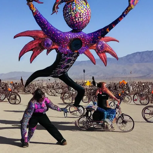 Prompt: aliens dancing on a art car at burningman