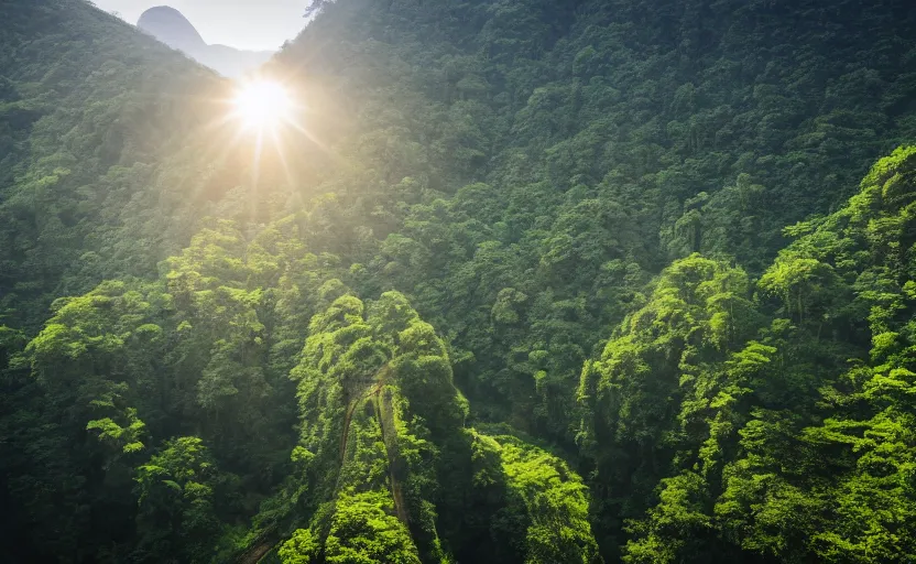 Image similar to Taiwan mountainous forests on the moon street photo, Khrushchyovkas, sunrise, flying scooters, long shadows, photorealistic, stunning, magnum photos 4k