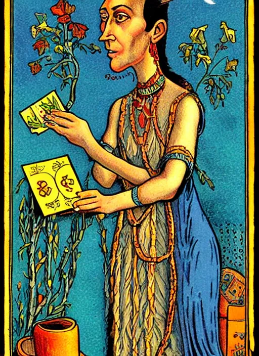 Prompt: Igor Bogdonoff caricature in Thoth tarot deck, style of Lady Frieda Harris,