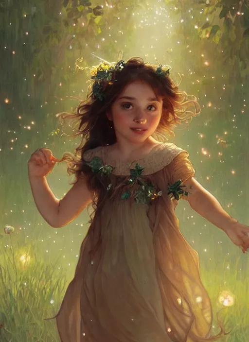 Image similar to A cute little girl with shoulder length curly brown hair with a happy expression wearing a summer dress dancing with fireflies, she is in the distance. beautiful fantasy art by By Artgerm and Greg Rutkowski and Alphonse Mucha, trending on artstation.