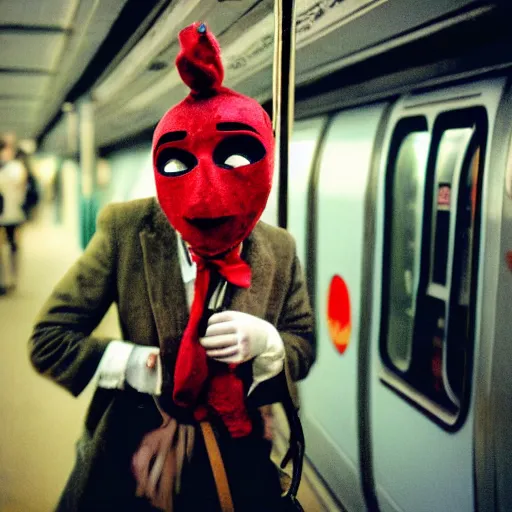 Image similar to fujifilm superia photo of puppet with scary venetian mask, in the empty london underground, dirty, grainy, liminal