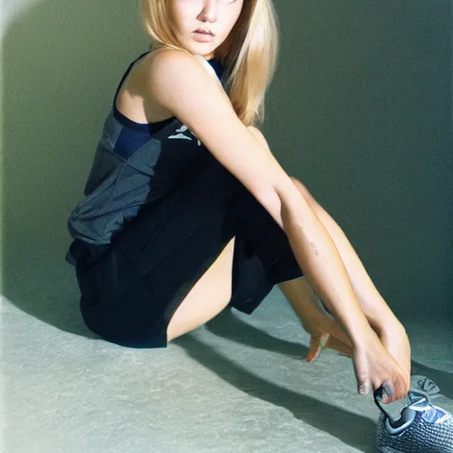 Image similar to realistic photoshooting for a new nike lookbook, color film photography, portrait of a beautiful blonde woman, in style of Davey Adesida, 35mm, film photo