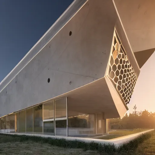 Image similar to detailed non-Euclidean stunning sophisticated beautiful house,hexagonal greebles, stunning volumetric light, sunset, concrete and translucent material, stunning skied, 8k