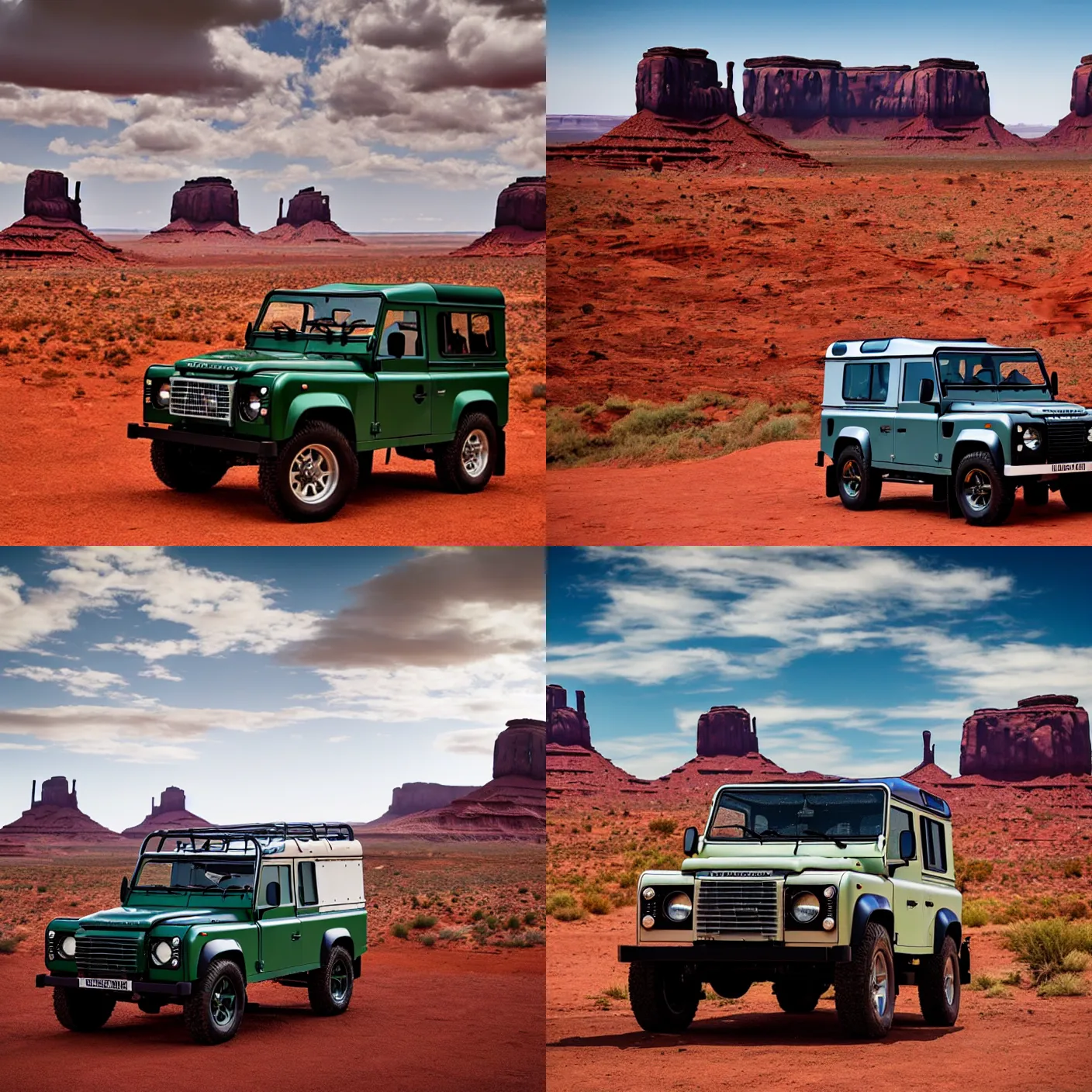 Prompt: A vintage Land Rover Defender in a beautiful vista in Monument Valley, cinematic lighting and sky