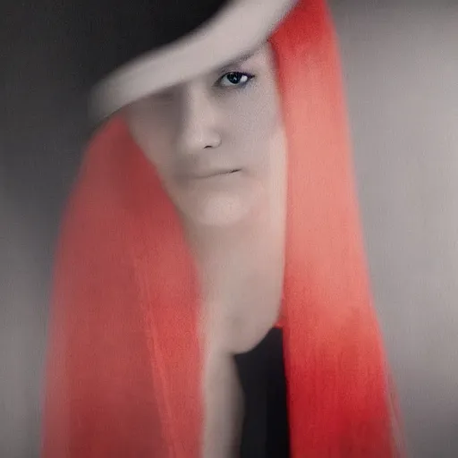 Image similar to half - length portrait of girl in a red hat and black dress, fine art portrait photography by paolo roversi, volumetric lighting, very detailed, high resolution,