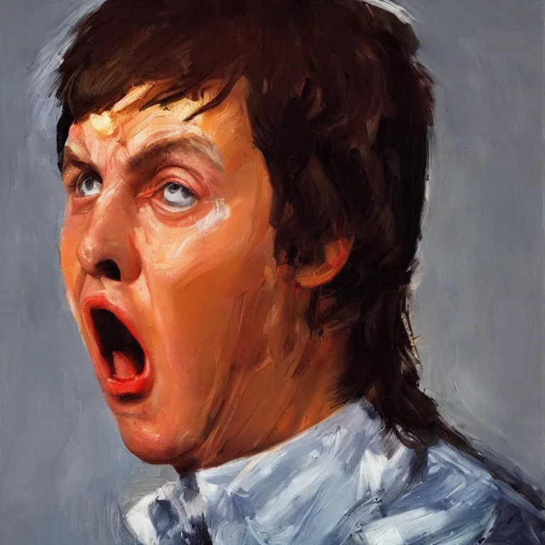 Image similar to warmly lit close up studio portrait of young furiously angry!! Paul McCartney in 1965 angrily singing, impasto oil painting thick brushstrokes by Lucian Freud and Cy Twombly and Tim Hawkinson , trending on artstation dramatic lighting Expressionism