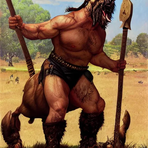 Prompt: grinning hybrid [ staffordshire terrier and man ] barbarian, fantasy warrior, drooling, rule of thirds, ultra detailed, 4 k, style of norman rockwell, style of richard corben.
