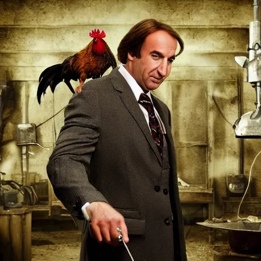 Image similar to saul goodman and a rooster in a medieval torture chamber, saw blades and knives in the background!!, horror movie, saul goodman!!!!!, rooster!!!!!, real life photo, detailed face