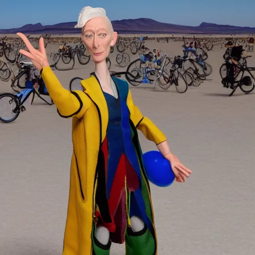 Prompt: tilda swinton at burning man, activity play centre, stop motion vinyl action figure, plastic, toy, malti klarwein style