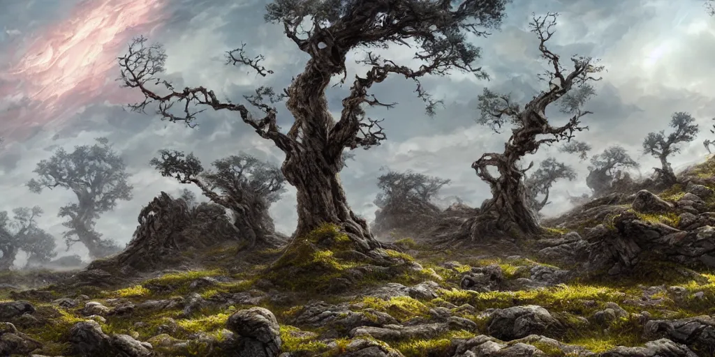 Image similar to rocky landscape of leaned keeled over toppled windswept windswept windswept trees, no visible soil, high quality fantasy art, 4k