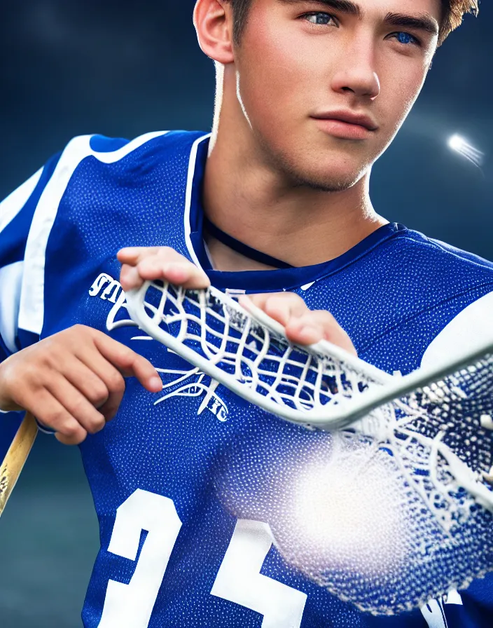 Image similar to closeup portrait of very beautiful cute male lacrosse player in a penn state stadium, glamour pose, particle effects, backlit, highly detailed, soft ambient lighting, sharp focus, rule of thirds, artgerm, wlop, arney freytag, rossdraws, frank frazetta, andrei riabovitchev, hd, octane, 4 k