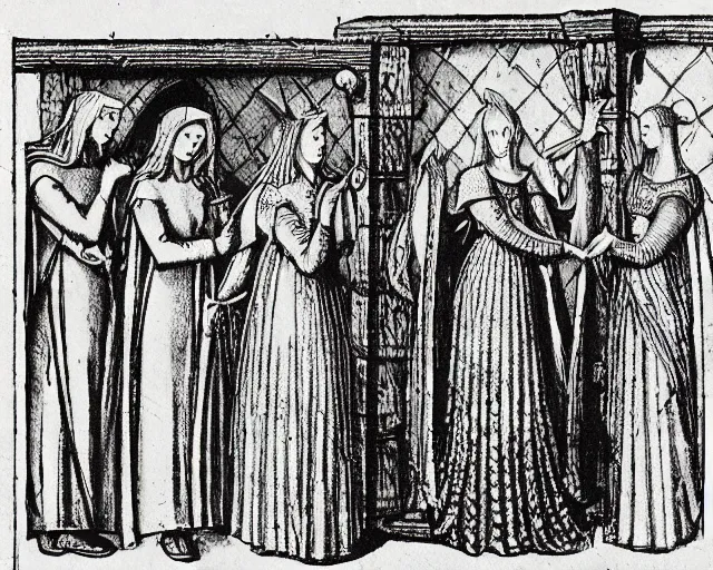 Prompt: lancelot and the four queens, medieval illustration,