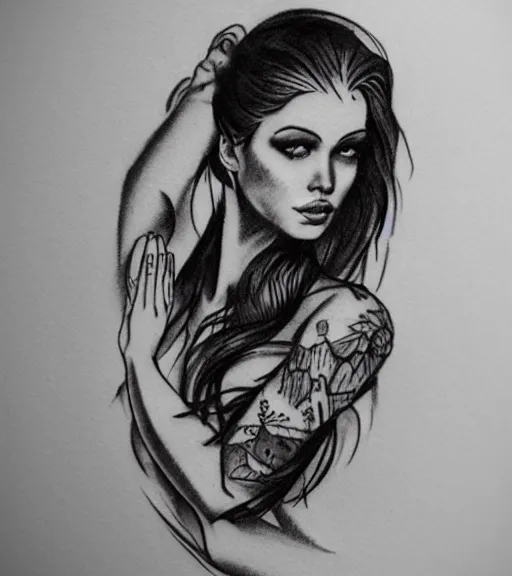 Image similar to tattoo design sketch of a beautiful girl with a faded mountain background, in the style of den yakovlev, black and white, realism tattoo, hyper realistic, highly detailed