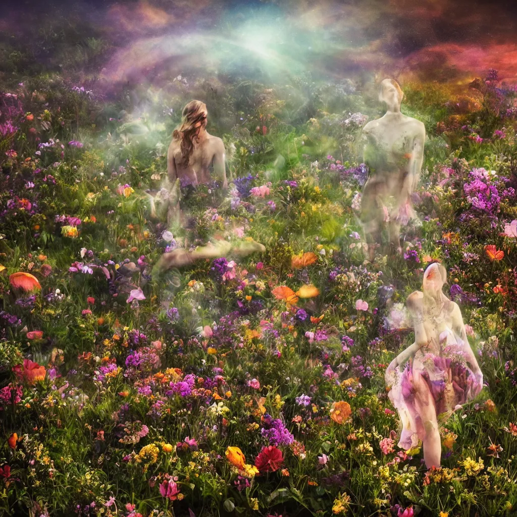 Image similar to a planet of various flowers, fungus and plants, in which the human figure is dressed in something magical and impressive, inside the picture is infinity, sunset light, Atmospheric phenomenon, artistic photography, muted colors, conceptual, long exposure outside the city