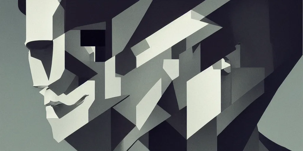 Image similar to highly detailed portrait of a portrait geometric face modernist bauhaus minimalism, by greg rutkowski and fujimoto tatsuki, dramatic lighting, dynamic pose, dynamic perspective