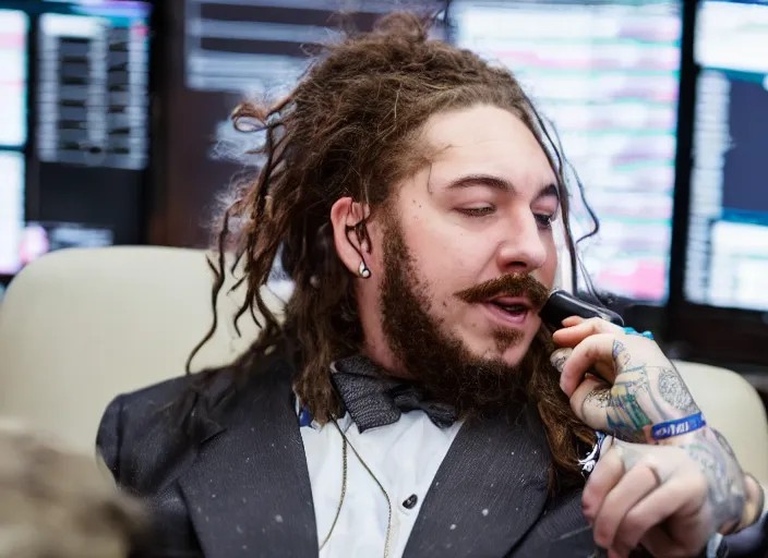 Prompt: dslr photo still of post malone as a stock broker, 8 k, 8 5 mm f 1 6