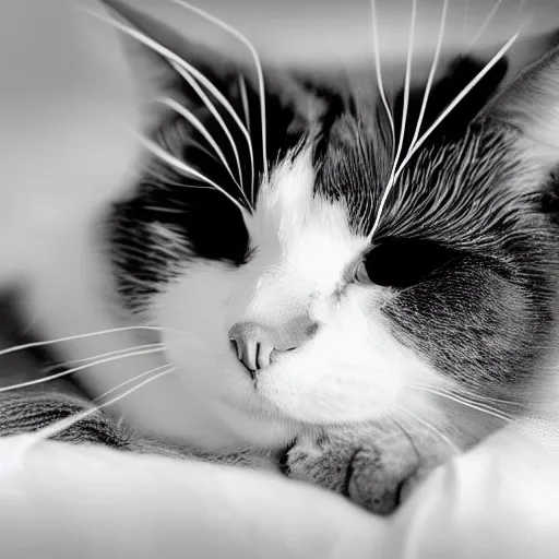 Image similar to snowshoe cat sleeping on a lap, b & w photograph, high resolution,