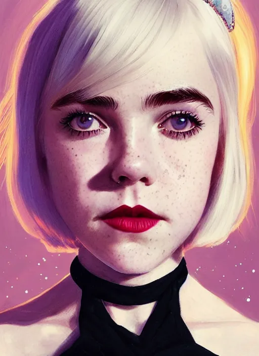 Image similar to portrait of kiernan shipka as sabrina spellman, freckles, white hair, 1 9 6 0 s bob hairstyle, hairstyle with bangs, hairband, intricate, elegant, glowing lights, highly detailed, digital painting, artstation, concept art, smooth, sharp focus, illustration, art by wlop, mars ravelo and greg rutkowski