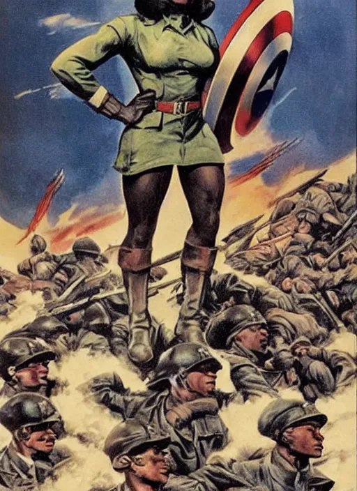 Prompt: beautiful black female captain america standing on a pile of defeated german soldiers. feminist captain america wins wwii. american wwii propaganda poster by james gurney