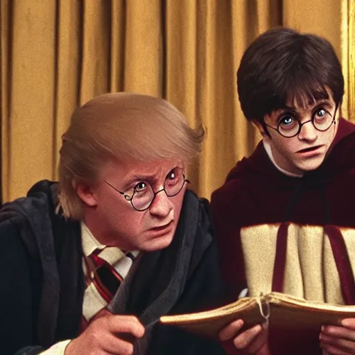 Prompt: harry potter trying to cast a spell on donald tramp