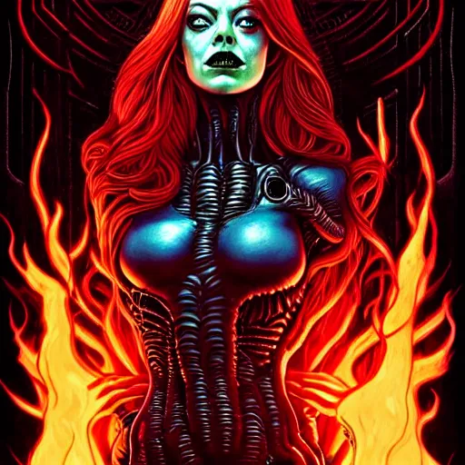 Image similar to scorn giger venom alien doom zdislaw bekinski horror hell alien tentacles satan fire flame, beautiful underwater redhead woman portrait of emma stone, pixar style, by tristan eaton stanley artgerm and tom bagshaw.