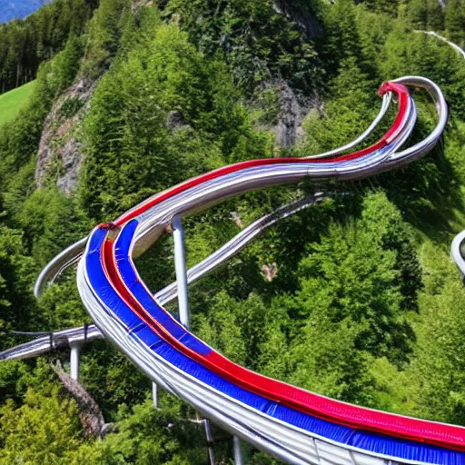 Prompt: a rollercoaster with twists and turns in a beautiful swiss landscape