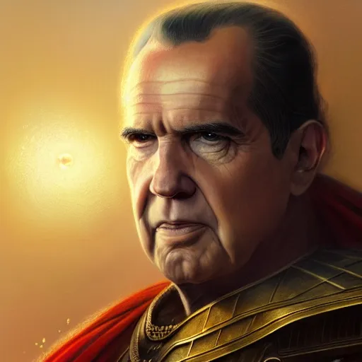 Image similar to glorious full head portrait of Richard Nixon as Thor, fantasy, intricate, elegant, digital painting, trending on artstation, concept art, sharp focus, illustration by Greg Rutkowski, by Gaston Bussiere, Artgerm, 4k.