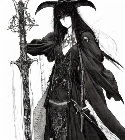 Prompt: portrait of anime succubus with long hair wearing a witch hat, wearing a dark robe designed by yoshitaka amano, holding a magis sword, pen and ink, intricate line drawings, by craig mullins, ruan jia, kentaro miura, greg rutkowski, loundraw, yoshitaka amano