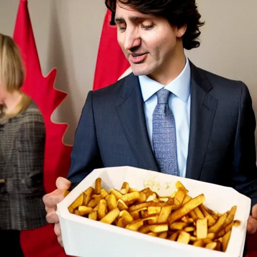 Prompt: a poutine with full of canadian cash inside served by happy Justin Trudeau