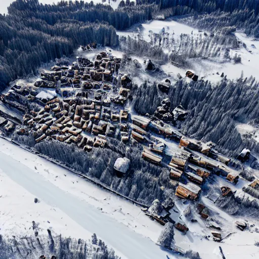 Prompt: sattelite image of post pocaliptic snow from 250 meters height, only snow, old lumber mill remains, few boozes with wood and supply, beautiful winter area