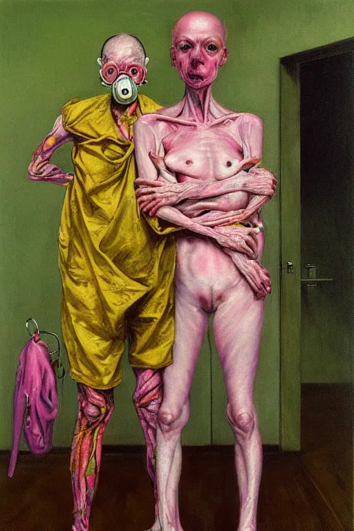 Prompt: two skinny old people with extra limbs, wearing gas masks standing inside a deserted hospital room, draped in gold, pink and green, Ayami Kojima, Karol Bak, hauntingly surreal, highly detailed painting by Francis Bacon, part by Edward Hopper, Adrian Ghenie, Gerhard Richter, and James jean Soft light 4K,