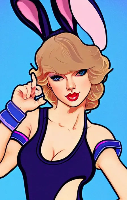 Image similar to Taylor Swift Cosplaying as Lola Bunny, modeling, posing, playboy bunny, gta 5 skin tone, Tooth Wu Artgerm Alphonse Mucha Beeple, 8k, fanart, extreme aesthetic