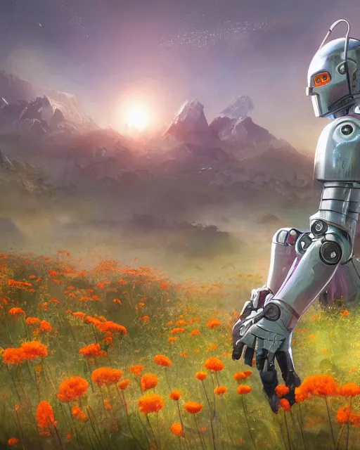 Prompt: friendly carrot cyborg, robocop, scifi farm, morning light, aura of carrots, weather station, flowers, cinematic, mountains, epic design, atmosphere, welcoming smile, high quality, perfect, 8 k high detail, masterpiece, trending on artstation, by akihiko yoshida