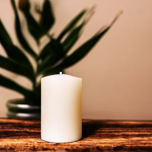 Prompt: a white candle on a wooden table. flat lighting