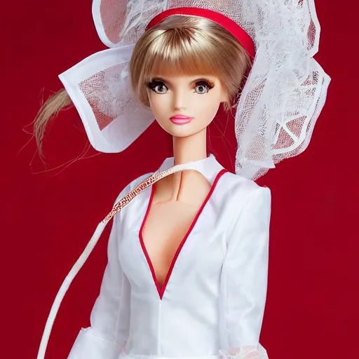 Image similar to anime barbie doll, nurse costume, full length, high heels, lace, stockings, rim of leather hare ears on the head, detail, full nd