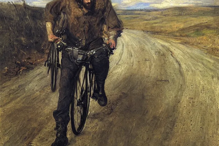 Image similar to sad portrait of a biker on the freeway by sir john everett millais, photorealistic, hyperdetailed, ethereal, masterpiece, oil painting