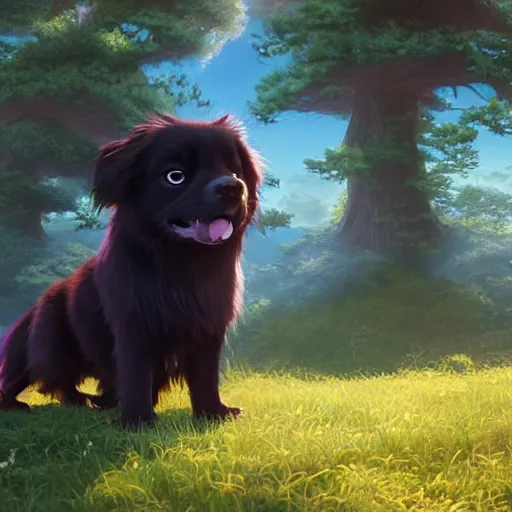 Prompt: a wholesome animation key shot of black tibetan spaniel, studio ghibli, pixar and disney animation, sharp, rendered in unreal engine 5, anime key art by greg rutkowski, dramatic lighting