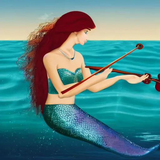 Image similar to a beautiful long - haired mermaid playing the violin in the wide ocean among fish