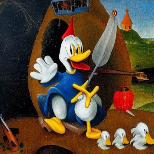 Prompt: Donald duck in the style of Hieronymus Bosch, oil painting