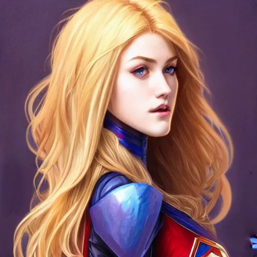 Image similar to Katherine McNamara with blonde hair as Super Girl, western, D&D, fantasy, intricate, elegant, highly detailed, digital painting, artstation, concept art, matte, sharp focus, illustration, art by Artgerm and Greg Rutkowski and Alphonse Mucha