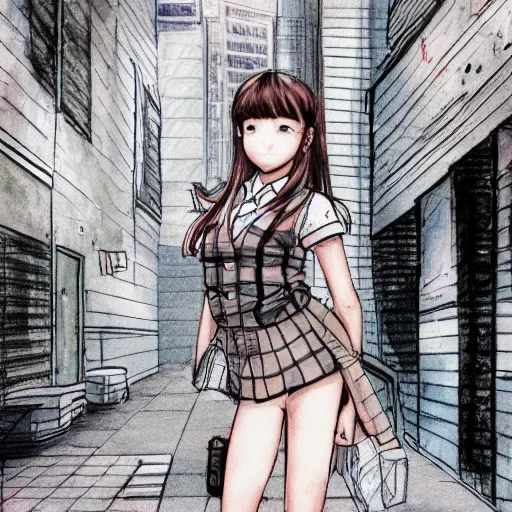 Prompt: a perfect, realistic professional digital sketch of a Japanese schoolgirl posing in a sci-fi alleyway, style of Marvel and DC, full length, by pen and watercolor, by a professional American senior artist on ArtStation, a high-quality hollywood-style sketch, on high-quality paper