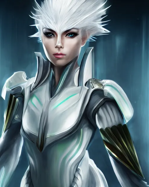 Image similar to perfect white haired attractive egyptian goddess, warframe armor, beautiful, symmetric, dreamy, half asian, pretty face, green eyes, charlize theron, detailed, scifi platform, laboratory, experiment, 4 k, ultra realistic, epic lighting, android body, illuminated, cinematic, masterpiece, art by akihito tsukushi, voidstar