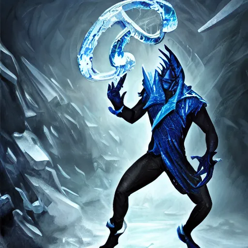 Image similar to a blue tiefling man wearing dark cloths frozen in ice and being shattering into a million pieces, action, cracked, destroyed, shattering, breaking, by Tony Sart, detailed, realistic, masterpiece, symmetrical